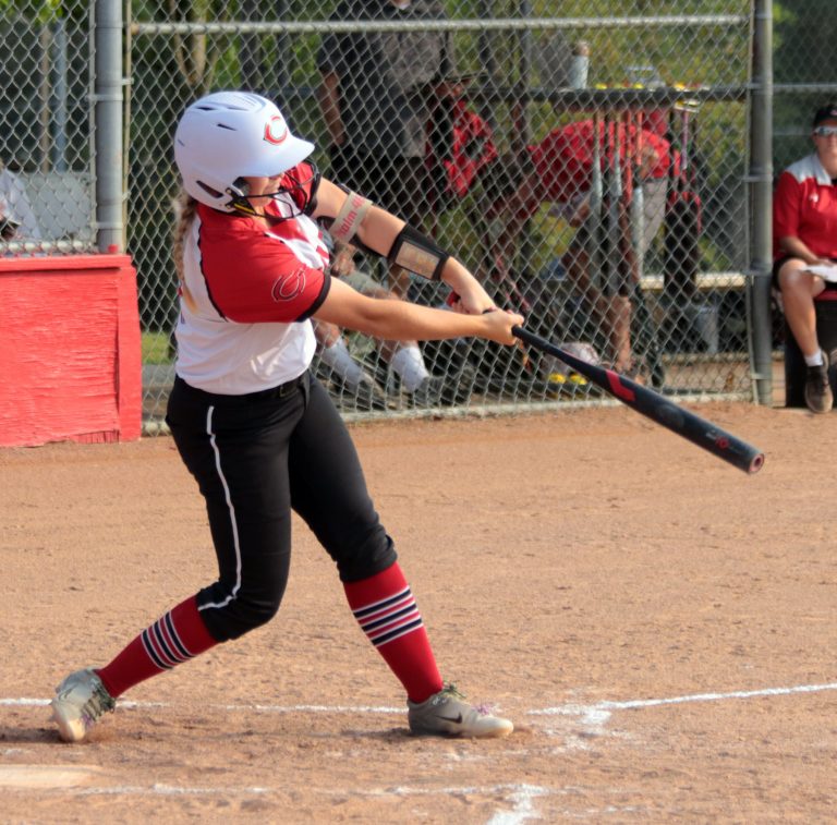 Seen delivering a basehit during a home contest earlier this month, junior first baseman Ellie Acree of the 2025 Chillicothe High School softball Lady Hornets hammered a 2-runs home run and 3-runs double during CHSÕ 12-runs second inning in the teamÕs 17-3 4-innings victory over Jefferson City: Capital City in the Lady Jays Classic shootout event at Jeff City Sept. 19. The Lady Hornets split their four games during the 2-days event.(PAUL STURM/C-T FILE PHOTO)
