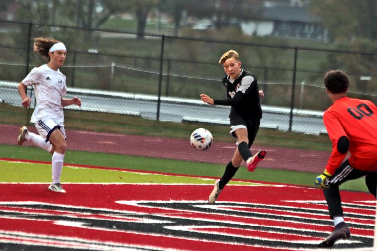 In a moment that epitomizes the first half of the Chillicothe High School soccer HornetsÕ home match against St. Joseph: Bishop LeBlond this past Monday, CHS sophomore forward Adrian Trantham gets a high-quality, 1-on-1 scoring chance against the BLHS goalkeeper, only to see his rising shot snagged to keep the game scoreless through the first 40 minutes. Even though Trantham, who had two other glorious scoring opportunities in the opening half and then had a shot at a wide-open goal from only about five yards away elevate and crack off the crossbar in the second half, never saw his luck change, the Hornets as a team did finally convert on chances four times in the second half to square their Midland Empire Conference final record for 2025 at 3-3 with a 4-0 triumph. (PAUL STURM/C-T PHOTO)