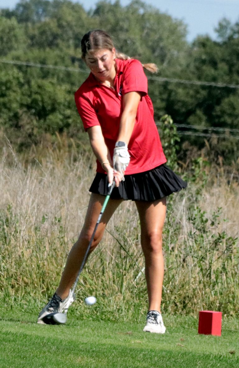 Sophomore Emmie Brobst of the 2025 Chillicothe High School golf Lady Hornets laces her drive off the first tee at ChillicotheÕs Green Hills Golf Course on her way to a tourney 16th-best round of 48-49Ð97 in the Sept. 25 Chillicothe Invitational tournament. Brobst bogeyed the hole, but did have pars on holes Nos. 7 (par 5) and 13 (par 4) on her scorecard. As a team, Chillicothe finished third with a 392 score, only 10 strokes back of champion and 2024 Class 1 state runnerup South Harrison. (PAUL STURM/C-T PHOTO)