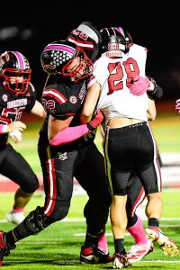 Junior Jayden Martin of the 2025 Chillicothe High School football Hornets makes a third-down tackle of St. Joseph: Benton’s Peyton Rich – one of three unassisted tackles he made – to force a first-period punt in last Friday’s 37-6 CHS victory. Additionally, Martin and his “O line” mates consistently overpowered Benton’s defensive front in the trenches, leading to the Hornets racking up 327 yards of rushing and a season-high 482 yards of total offense. (BUTCH SHAFFER/C-T PHOTO)