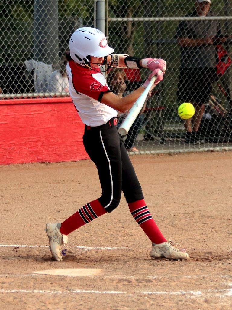 After delivering a critical, inning-ending, runs-saving diving catch in right field when last SaturdayÕs Class 3 state-tournament quarterfinal game still was tied 1-1 in the third inning, invaluable 2025 Chillicothe High School softball Lady Hornets freshman Jordan Foster Ð seen swinging at a pitch during an early-season home win over Lawson Ð might find herself also getting a chance to bat in todayÕs state semifinals game against Macon, since she went two for three when CHS shut out the Tigerettes 5-0 in Chillicothe early this month. The ninth grader also has pitched many times this season, earning a 5-4 record with two saves while allowing top pitcher Landry Marsh time to rest her occasionally-sore pitching arm. (PAUL STURM/C-T FILE PHOTO)