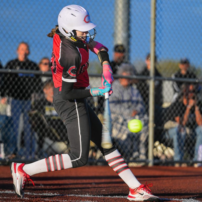 Although by no means a 1-girl gang, 2025 Chillicothe High School softball Lady Hornets junior pitcher Landry Marsh proved too hard for Savannah to handle when she batted in the Oct. 20 championship game of the Class 3 District 8 Tournament at Excelsior Springs. About to clout a low pitch hard and far over the left-center field fence for a 3-runs home run in the second inning, Marsh ended the game three for three at bat with three RBI, three runs scored, two walks, and two stolen bases. In the bottom of the ninth inning, her second walk and second steal set her up to score the game-ending run in CHS’ 6-5 victory on Hayden Hansen’s long single to deep left-center field. After a slow start throwing, she also shut out Savannah over the final five innings to buy time for her team to get the winning run that sends them into state-tournament play Saturday. (BUTCH SHAFFER/C-T PHOTO)
