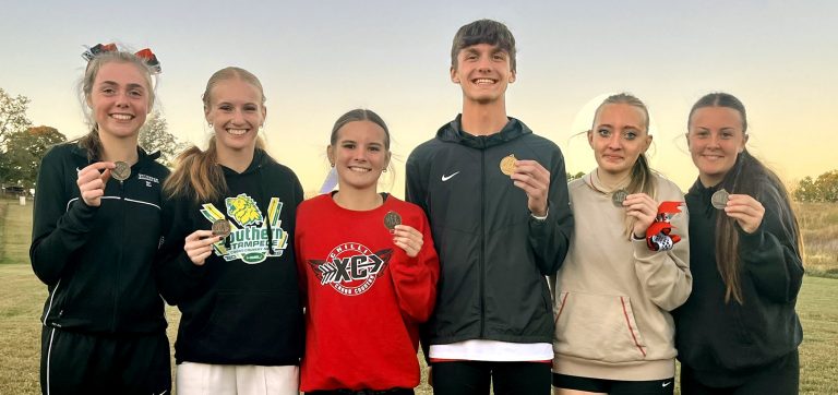 Five Chillicothe High School cross-country running Lady Hornets Ð from left, Payton McGee, Abby Longo, Sophie Hurtgen, Adrian Caselman, and Myli Johansen Ð joined 4-times MEC boys' individual champion Luke Thompson in earning all-Midland Empire Conference status and medals from finishing high in the Oct. 21 MEC Championships at St. Joseph. (Photo courtesy of Jennifer Dickson)