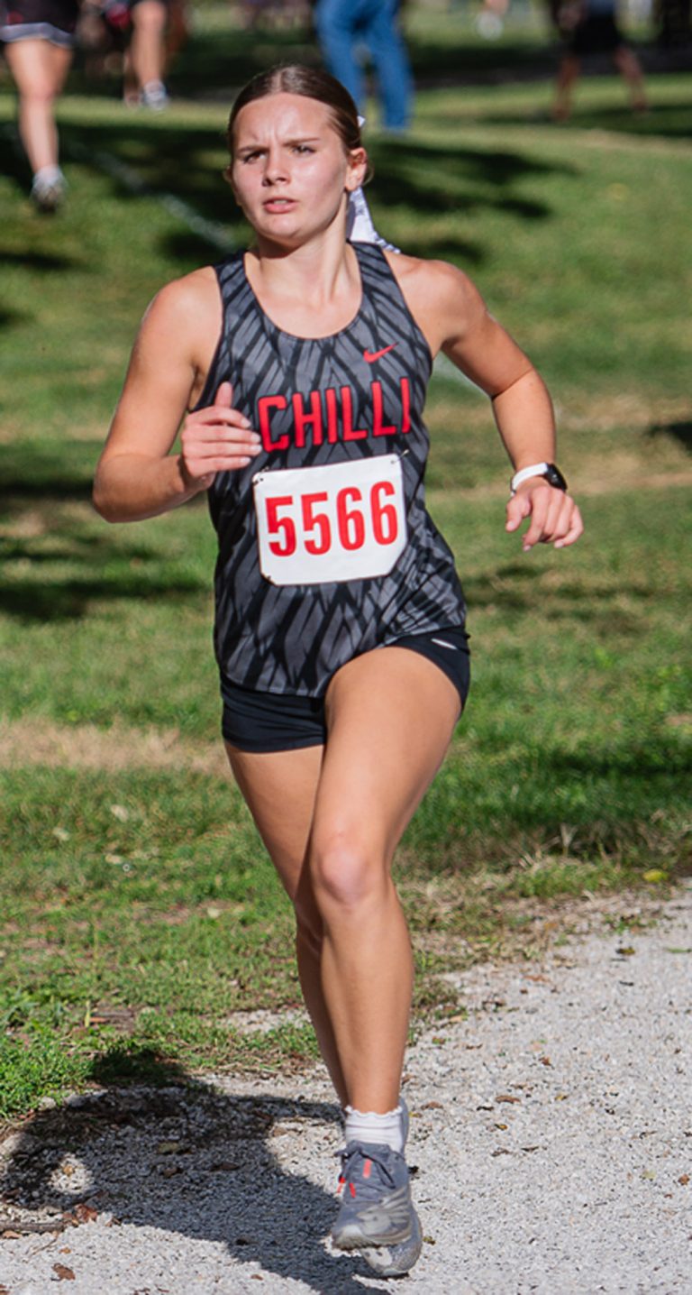 Junior Sophie Hurtgen of the 2025 Chillicothe High School cross-country running Lady Hornets goes through a portion of the Sept. 25 Chillicothe Invitational meet in Simpson Park generally solo on her way to a fourth-place individual finish in 23:34.5. (BUTCH SHAFFER/C-T PHOTO)