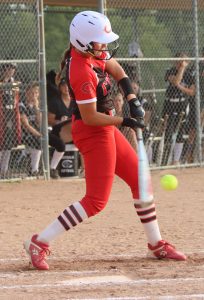 Senior Maicee Albrecht, seen slamming a 2-runs double to right field during the 2025 Chillicothe High School softball Lady Hornets Oct. 30 home loss to Centralia, drove in a run in each of her first three plate appearances in the Class 3 state tournament semifinals Friday (Oct. 31) to help power the Lady Hornets to a 9-3 victory over Macon, the team which surprisingly emerged as champion from the district tournament in which Centralia was top seeded and viewed as a strong candidate to advance to that semifinal game. Instead, with a second victory over Macon this season, Chillicothe will duel Doniphan for the Class 3 state crown at SpringfieldÕs Meador Park today (Saturday, Nov. 1), hoping to claim the programÕs first state championship in its 30th season of play. (JENNIFER SMITH/C-T FILE PHOTO)